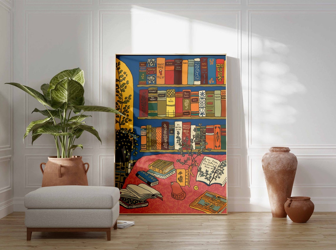 Blue Bookshelf With Stacked Books Reading Corner Wall Poster - Image 3