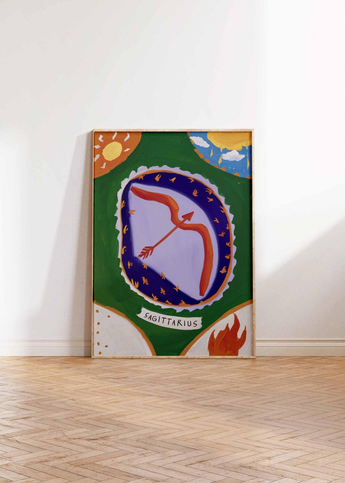 Sagittarius Zodiac Bow Arrow Green Purple Sun Flame Art Poster - Image 2