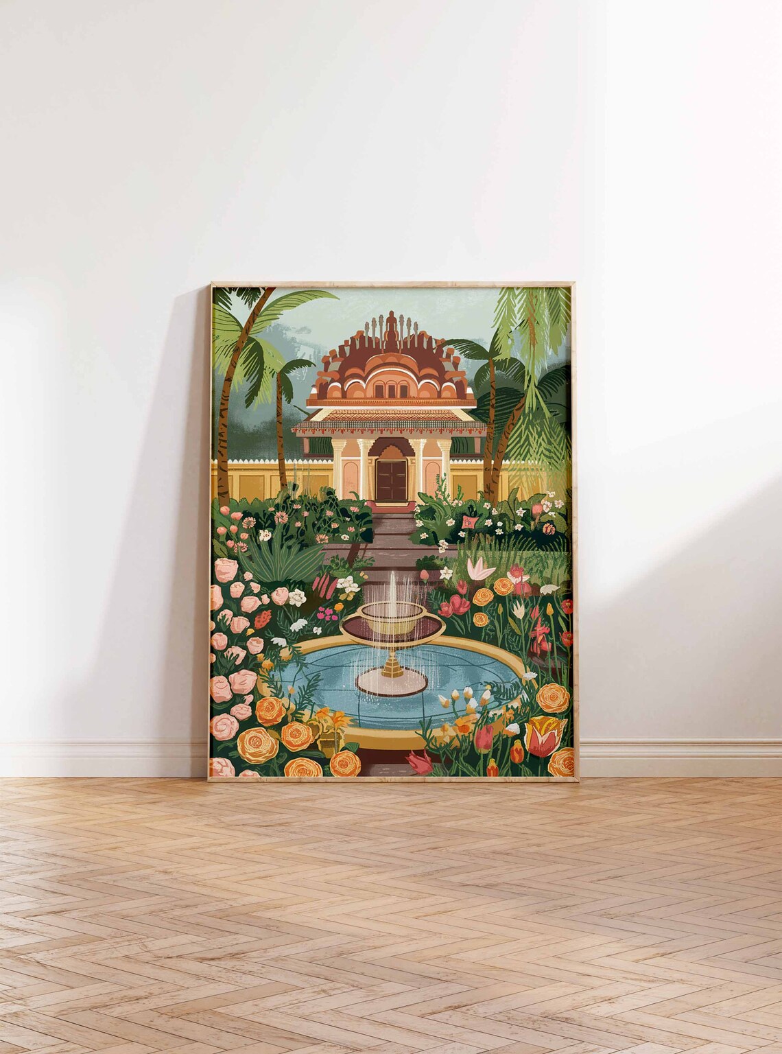 Indian Temple Garden Pink Roses Fountain Traditional Art Poster - Image 2
