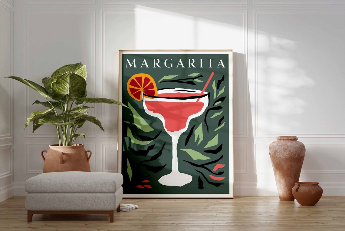 Margarita Pink Cocktail Glass Botanical Retro Tropical Bar Poster - Image 3