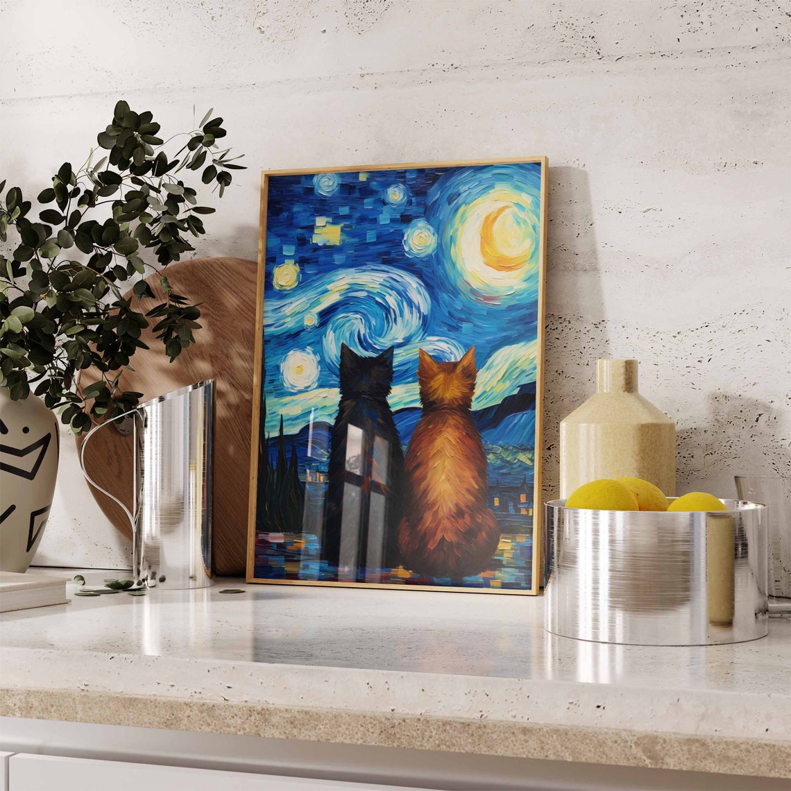 Two Cats Gazing At Starry Night Swirling Sky Animal Art Poster - Image 3