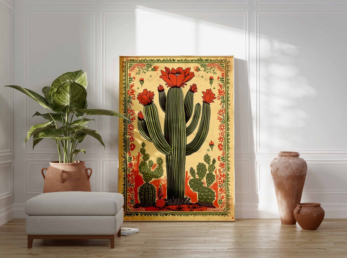 Vintage Mexican Cactus Blooming Saguaro Desert Folk Art Poster - Image 3