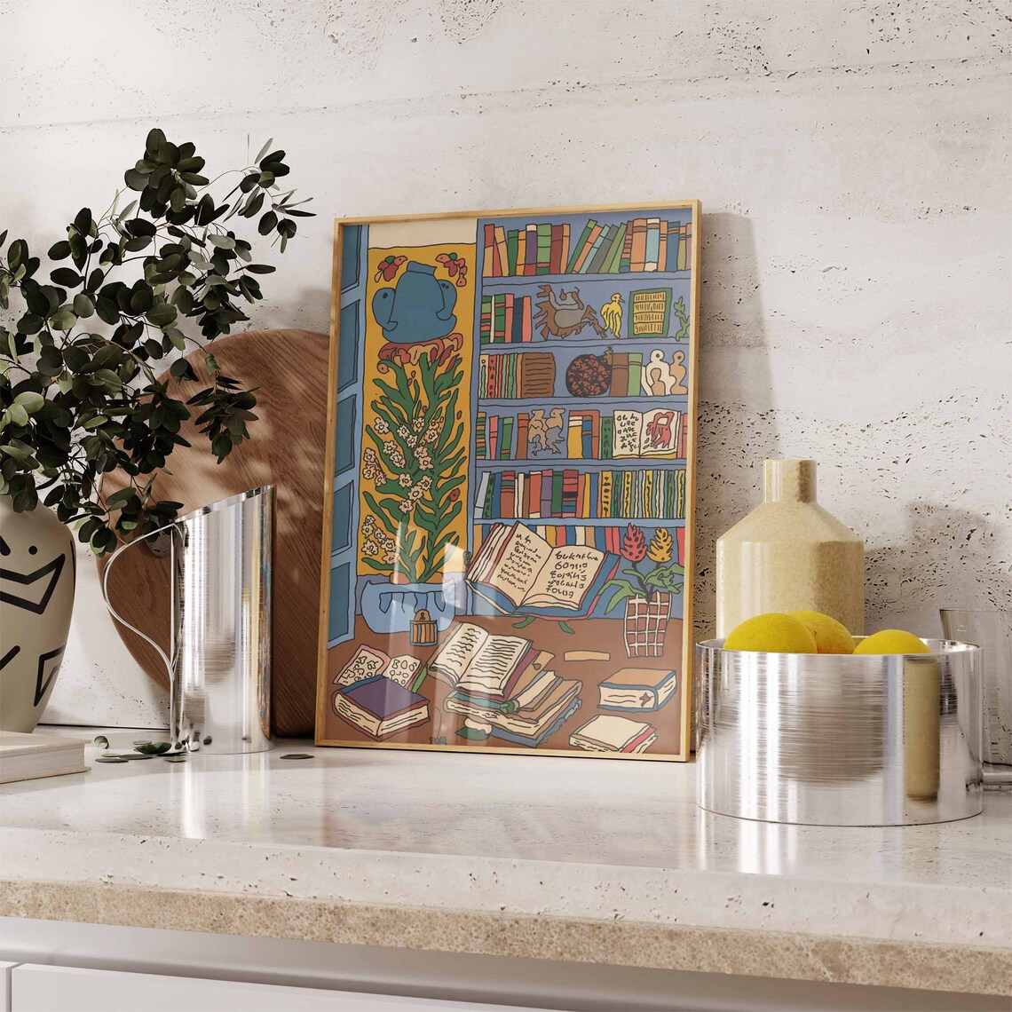 Whimsical Library Poster with Teapot Plants and Open Books Illustration - Image 3