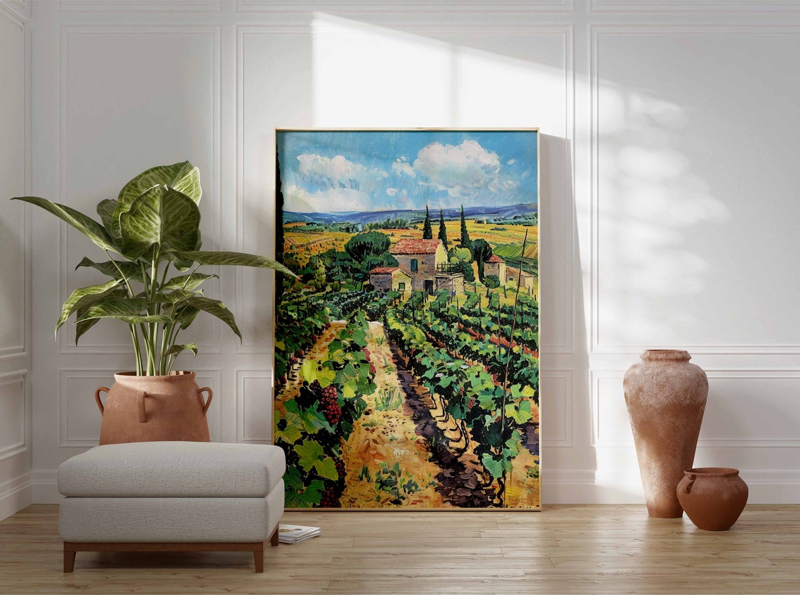 Vineyard Farmhouse Art Poster Red Grape Vines Summer Harvest Scene - Image 3