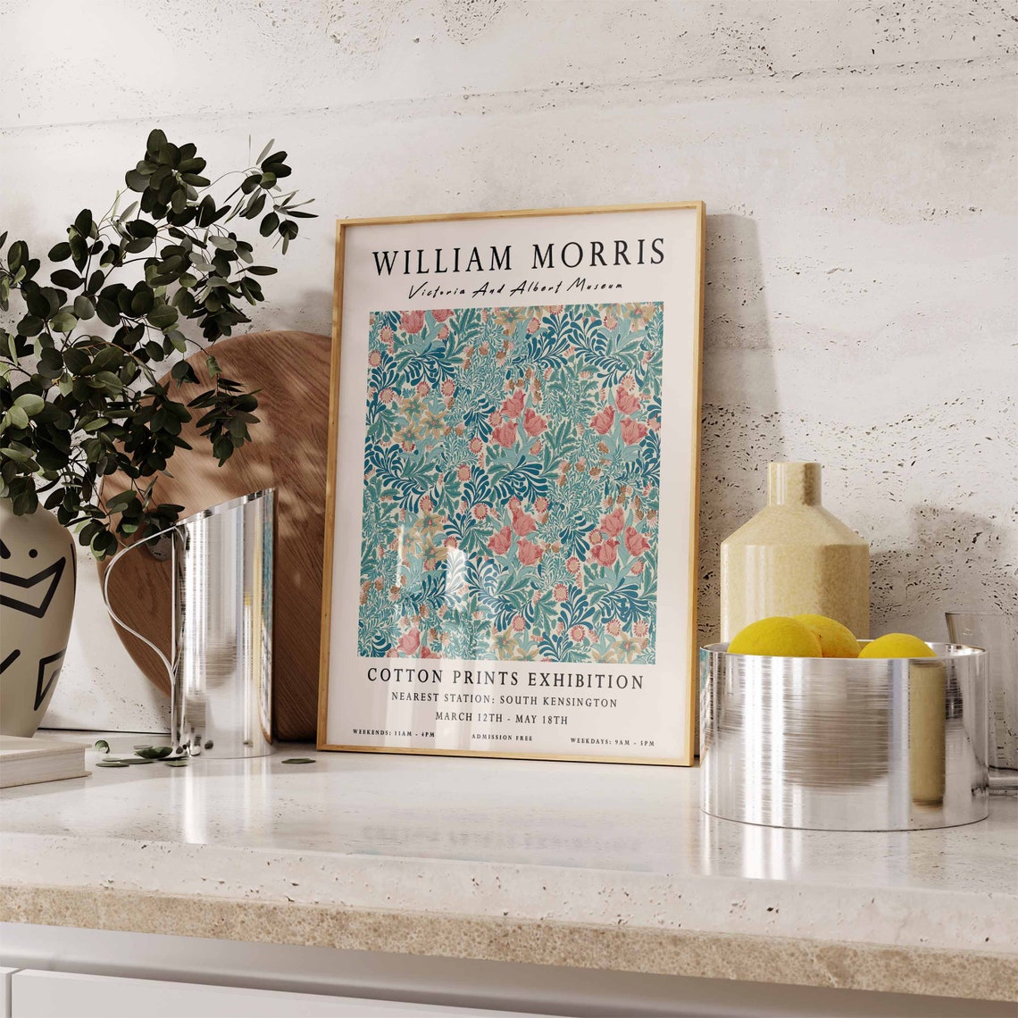 William Morris Teal Pink Floral Museum Exhibition Style Art Poster - Image 2