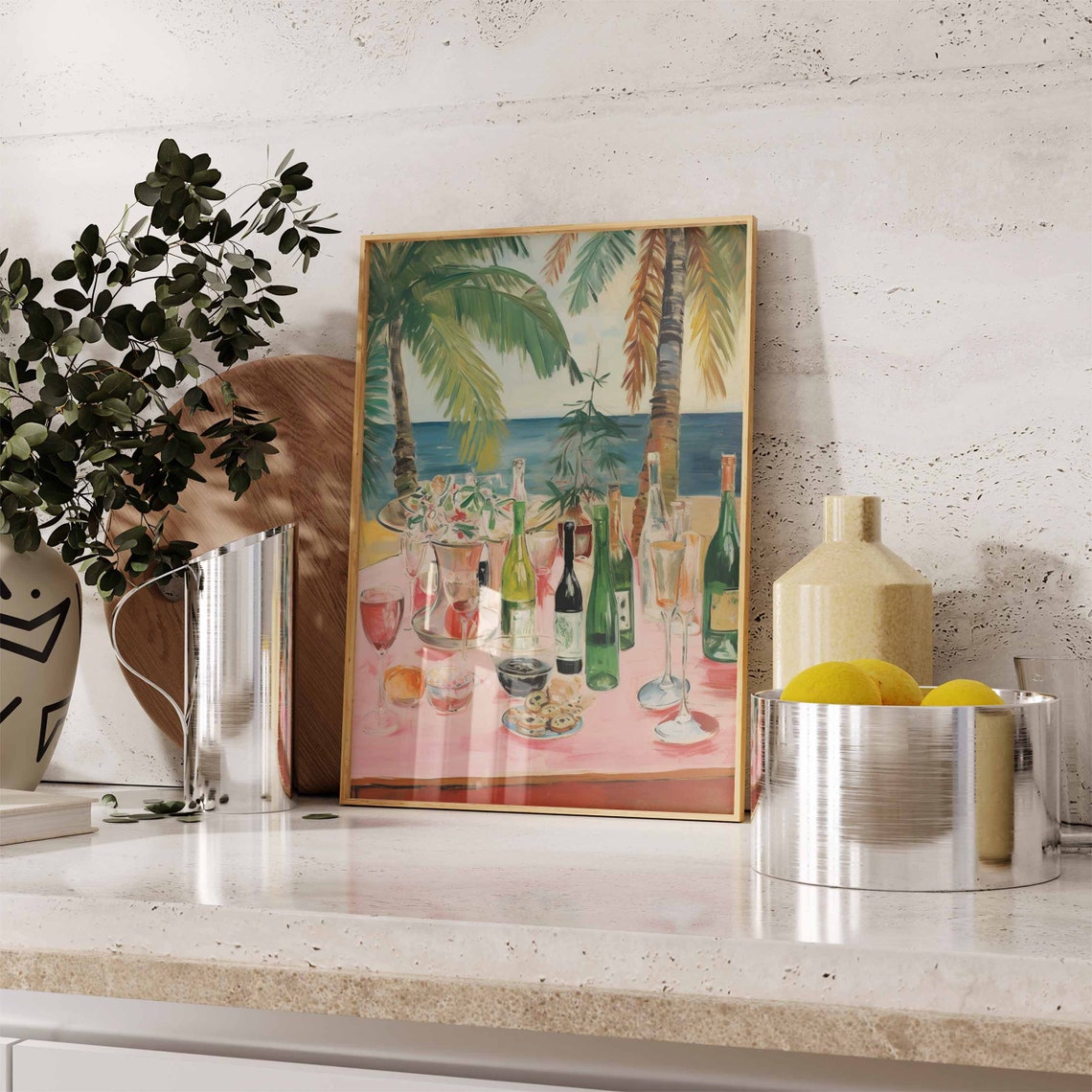 Tropical Beach Dinner Party with Wine Bottles Seaside Art Poster - Image 2