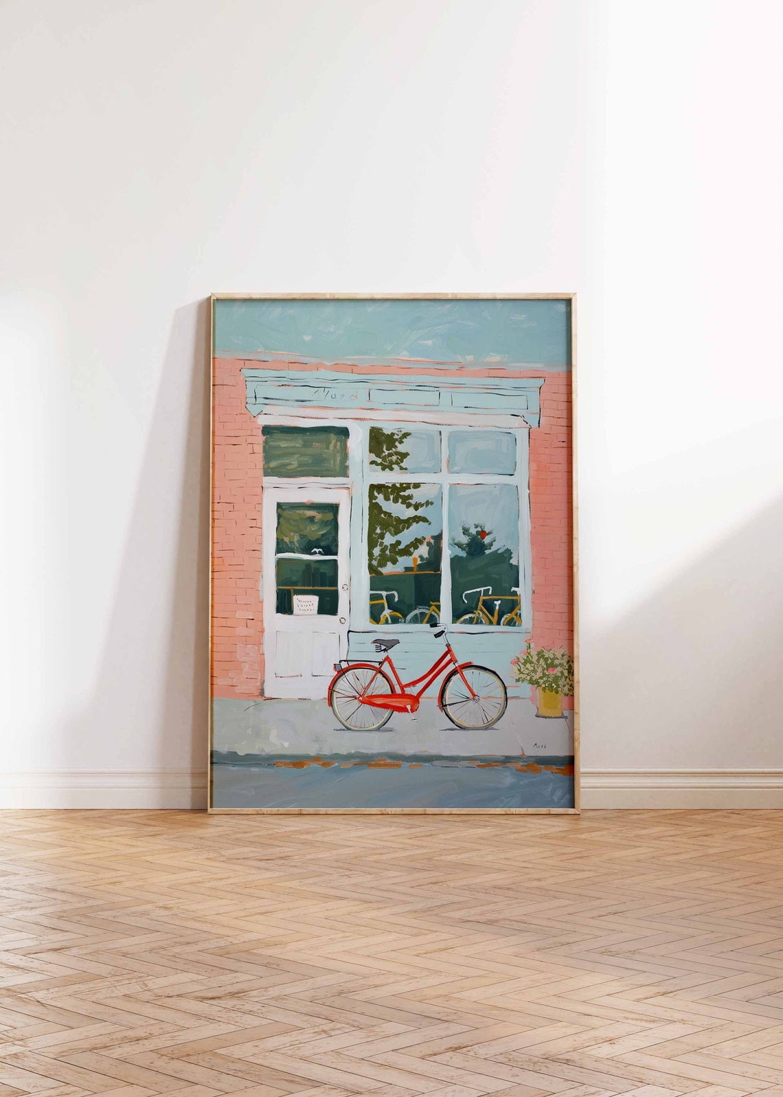 Pink Brick Storefront Red Bicycle Soft Pastel Street Scene Poster - Image 2
