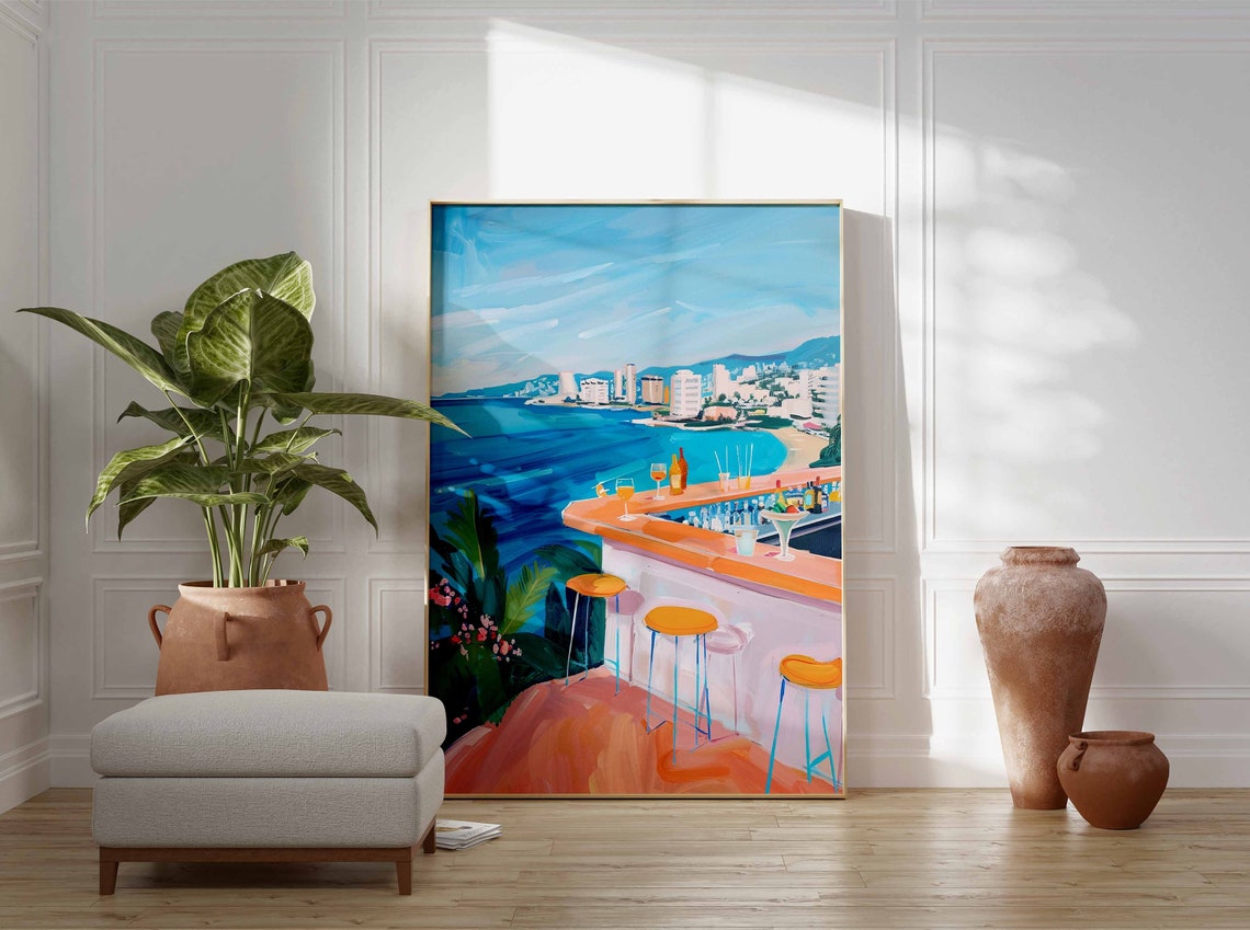 Coastal Rooftop Bar Turquoise Sea City View Bar Decor Poster - Image 3