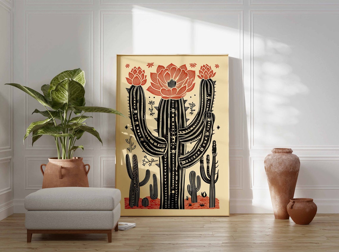 Vintage Mexican Cactus with Flowering Blooms Linocut Art Poster - Image 4