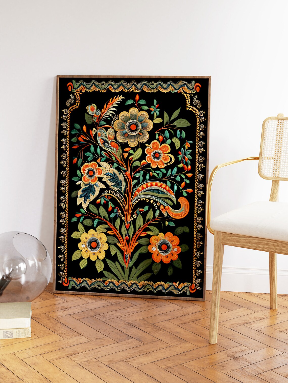 Vibrant Indian Floral Folk Art Black Background Decorative Poster - Image 2