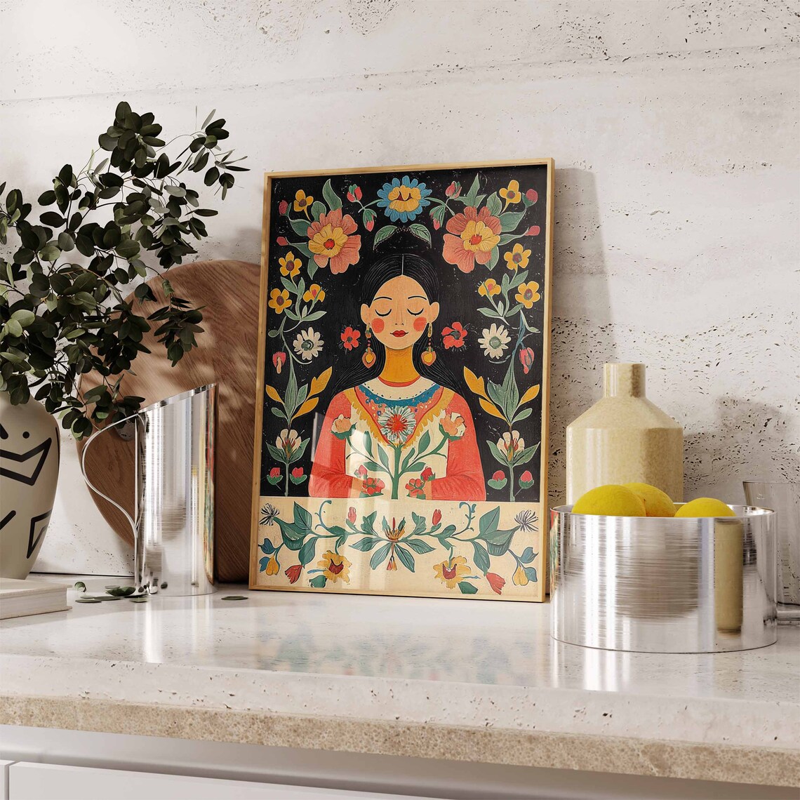 Dreamy Mexican Woman Folk Art Floral Portrait on Black Poster - Image 2