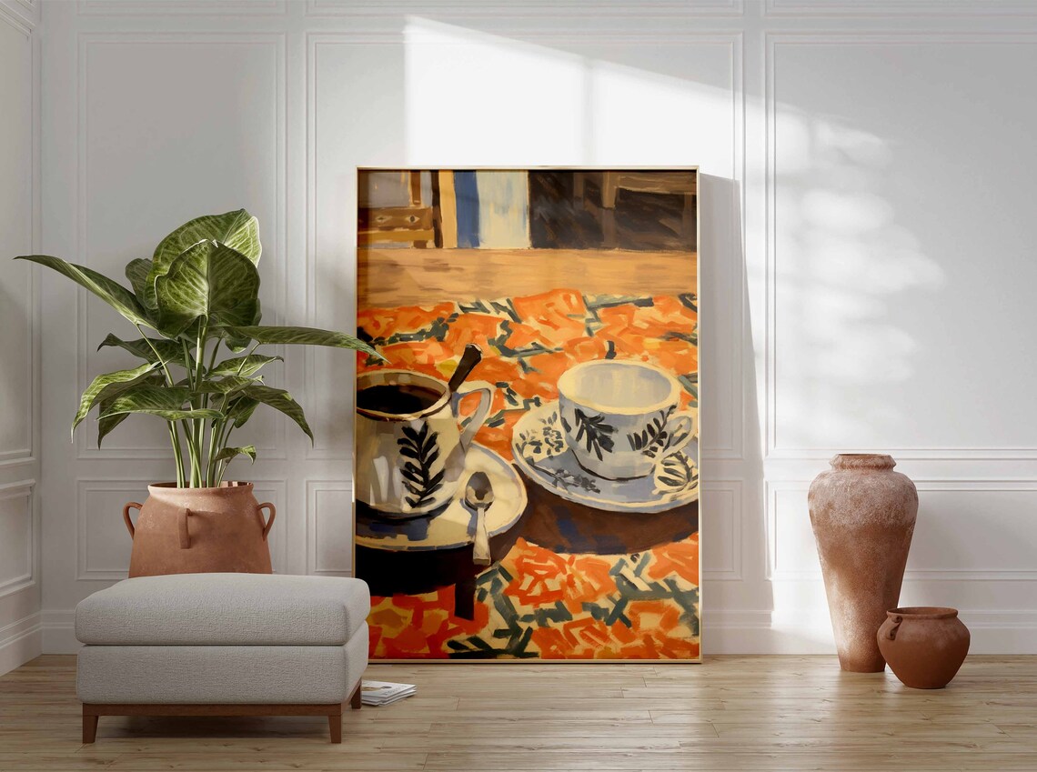 Vintage Coffee Cups Oil Painting Orange Tablecloth Cafe Poster - Image 3