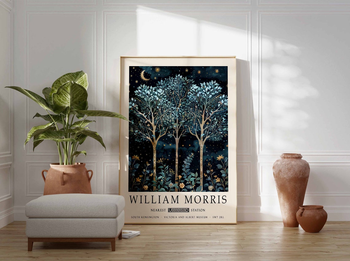 William Morris Moonlit Forest Trees Under Starry Night Sky Poster - Image 3