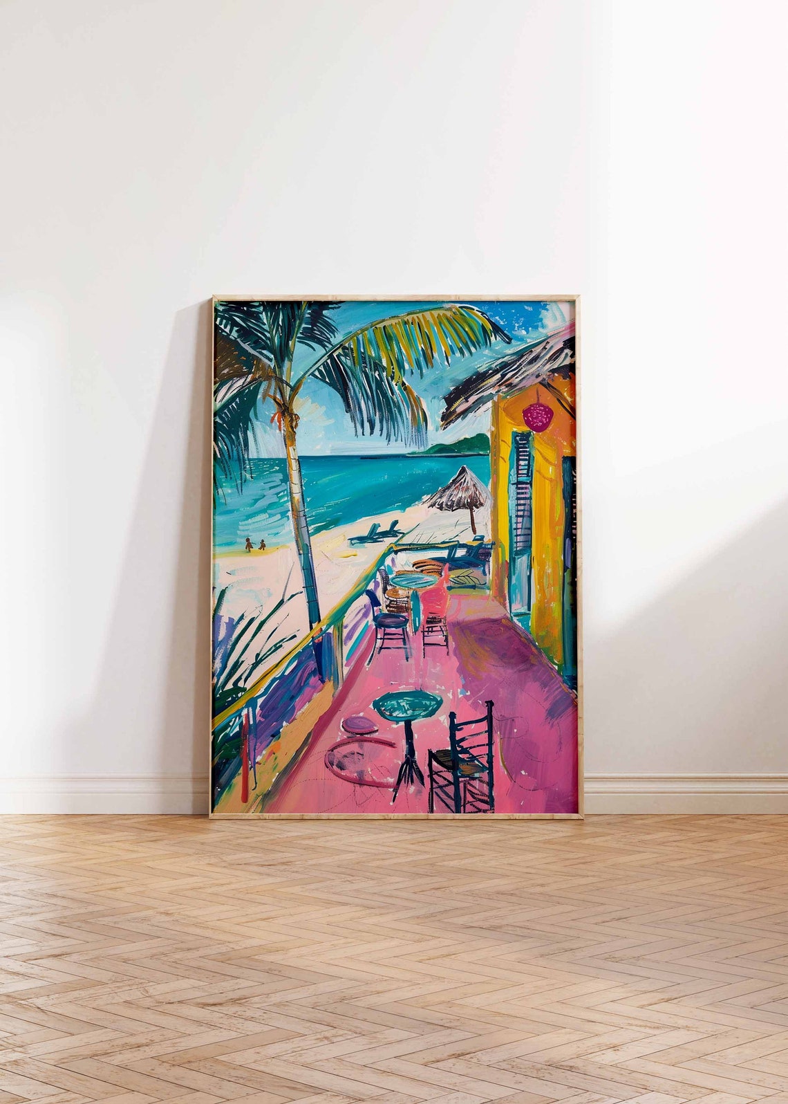 Sunny Beach Cafe Terrace Pink Floor Palm Tree Yellow Building Poster - Image 2