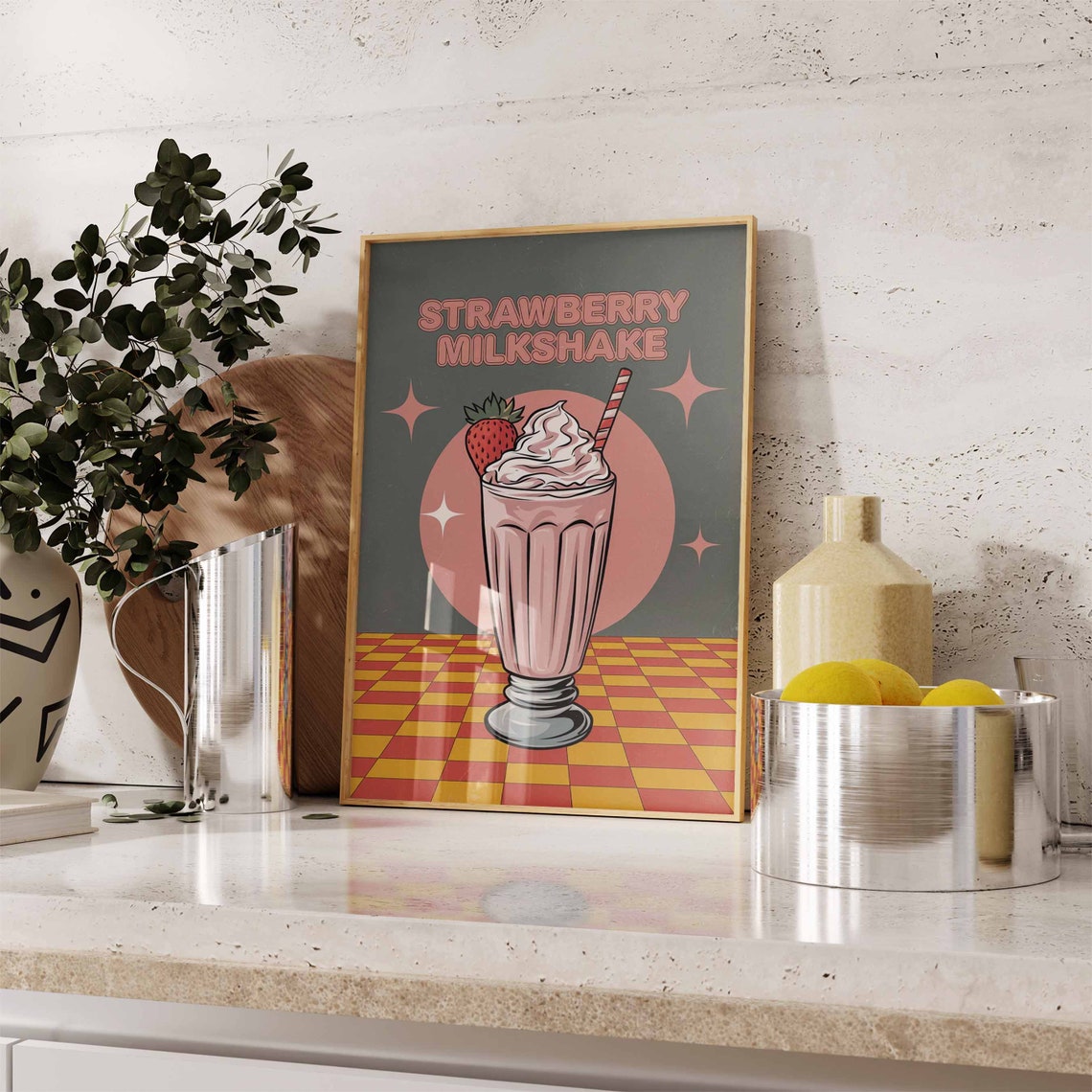 Strawberry Milkshake Retro Teal Starburst Diner Kitchen Poster - Image 3