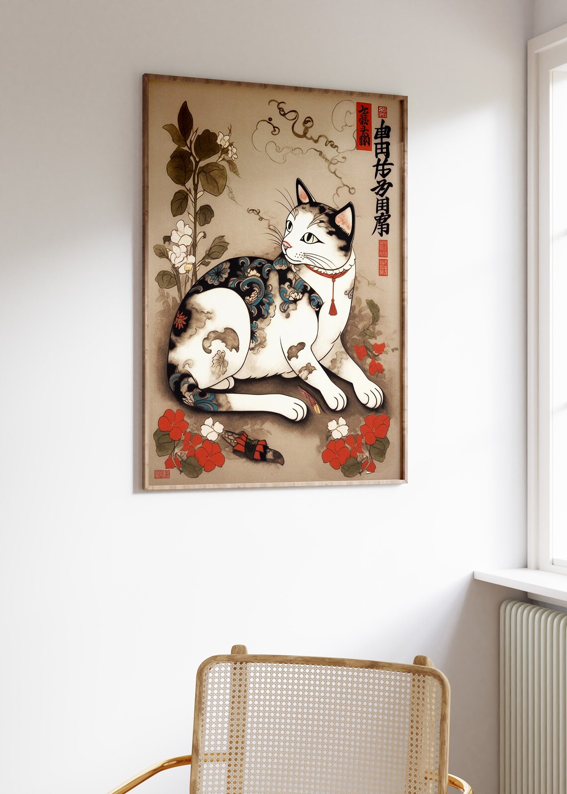 Japanese Tattooed Cat Ukiyo-e Style Floral Woodblock Art Poster - Image 3