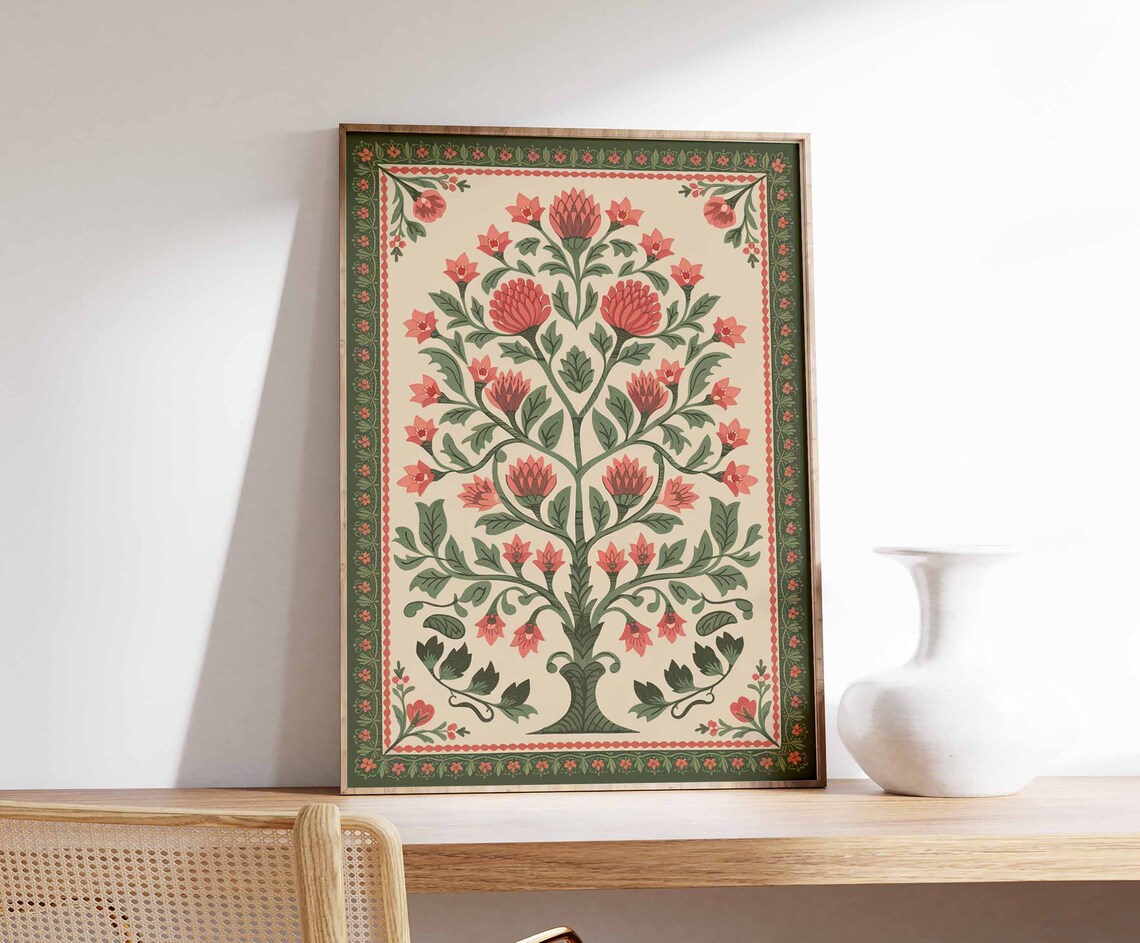 Coral Red Indian Tree of Life Green Border Botanical Poster Flower Art - Image 3