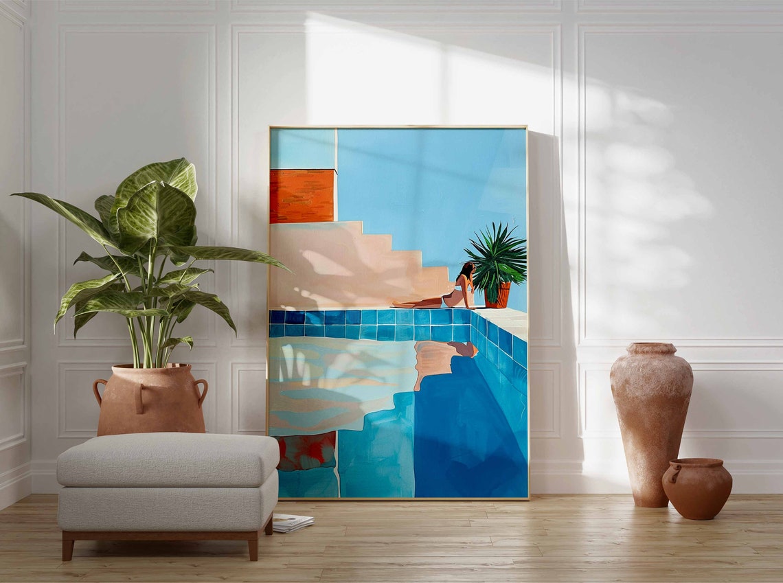 Woman Lounging Blue Tiled Pool Painted Summer Leisure Poster - Image 2