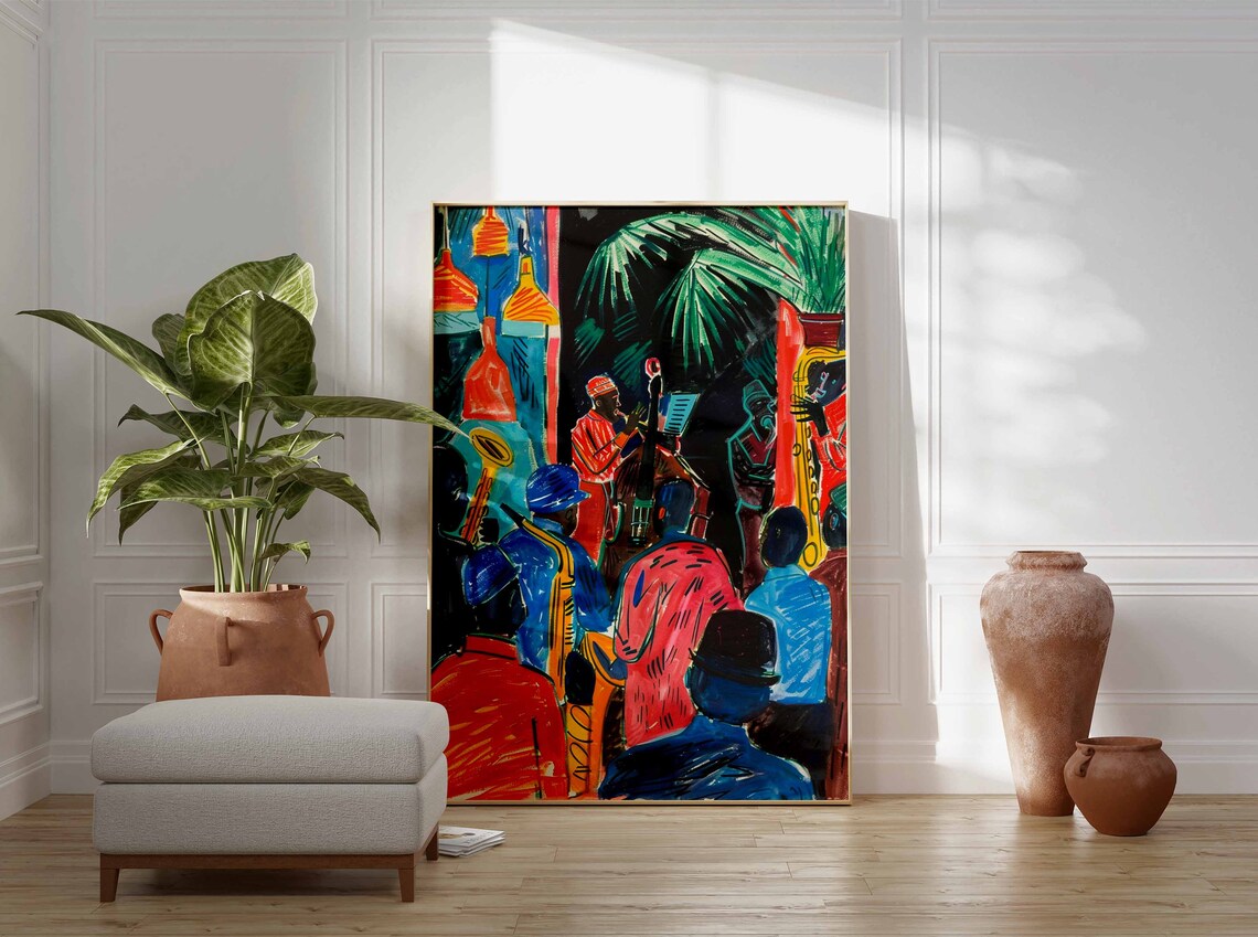 Jazz Musicians Tropical Club Palm Trees Hanging Lamps Painting Poster - Image 3