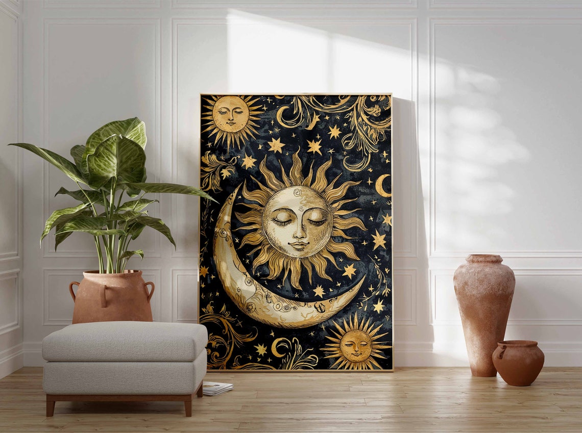 Glowing Golden Sun Above Ornate Crescent Moon On Navy Poster - Image 3