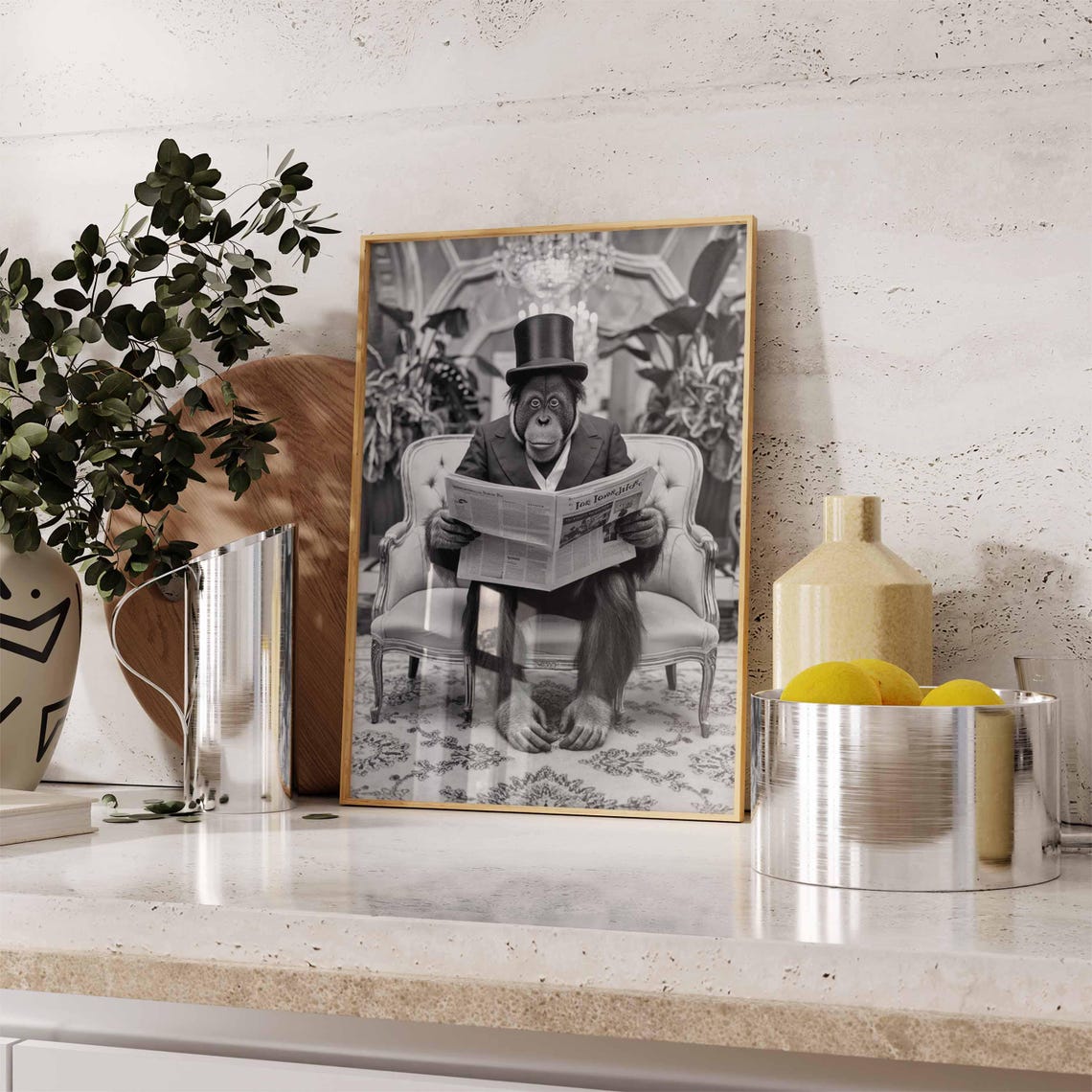 Chimpanzee In Suit And Top Hat Reading Newspaper On Sofa Poster - Image 2