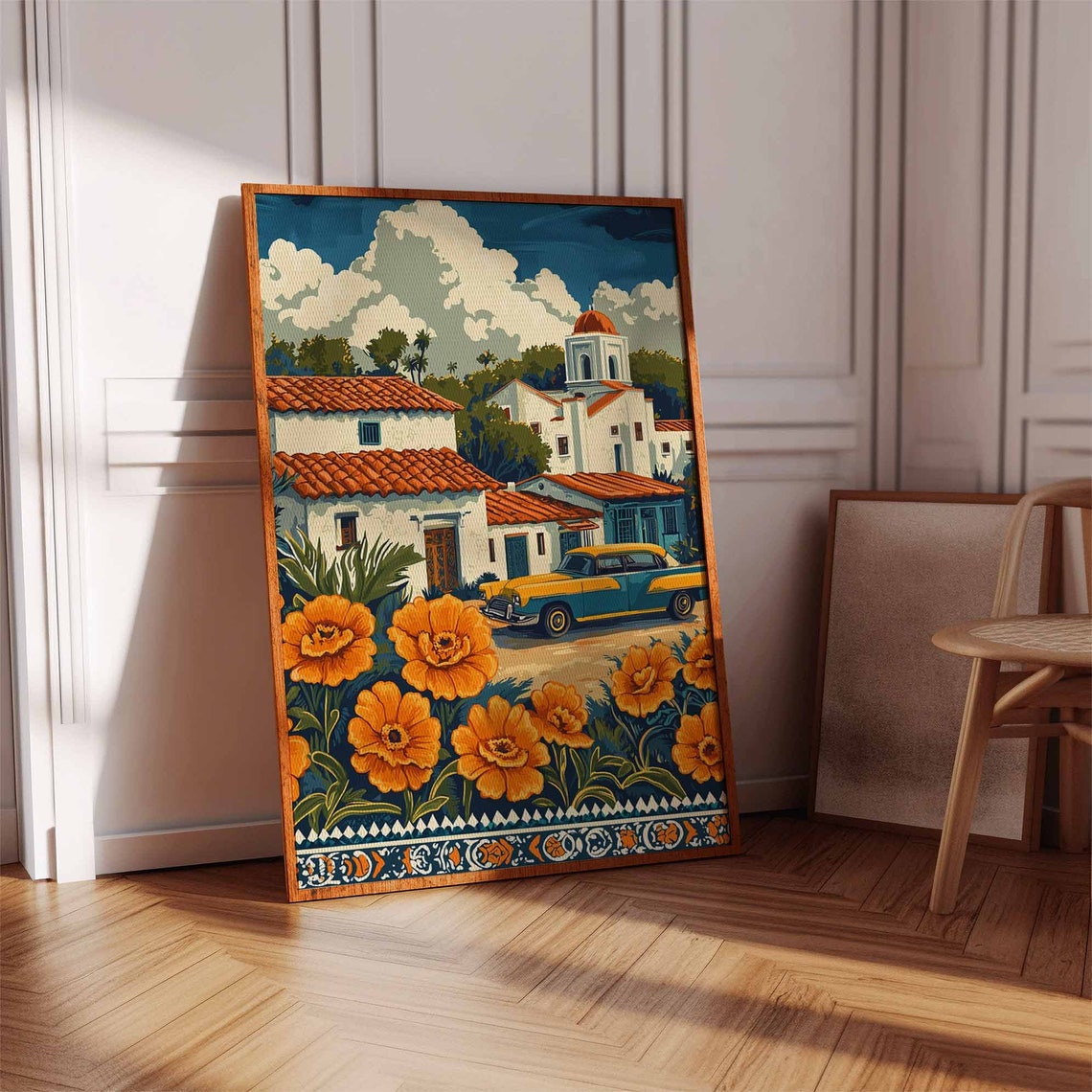Mexican Village Street Vintage Car Marigold Retro Travel Poster - Image 3