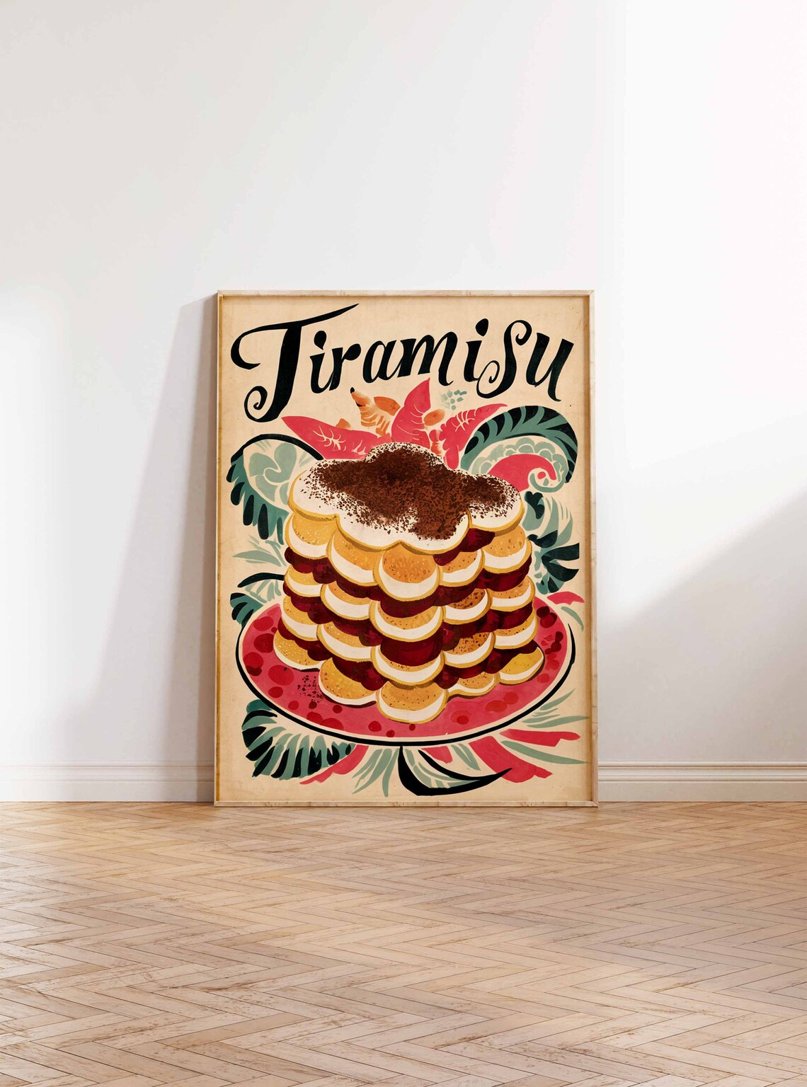 Tiramisu Layered Ladyfinger Cake Cocoa Tropical Floral Art Poster - Image 2