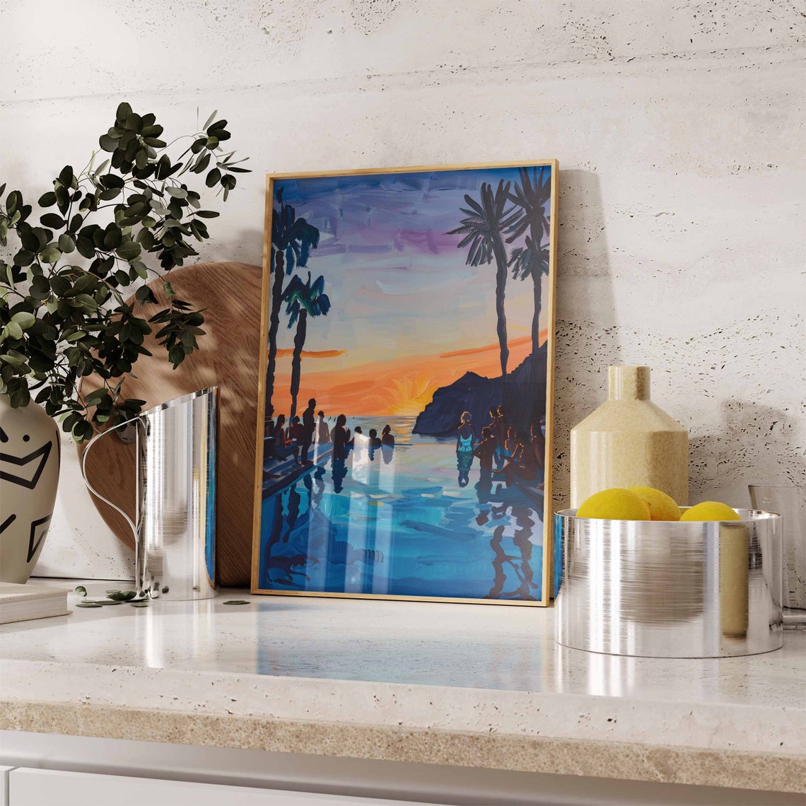 Sunset Pool Party Palm Tree Silhouettes Ocean Coast Art Poster - Image 2