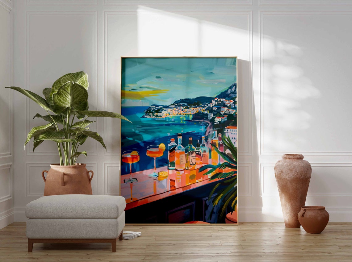 Vibrant Rooftop Cocktail Bar At Sunset Over Coastal Town Poster - Image 3
