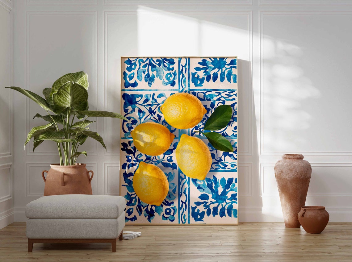 Ripe Four Lemons with Leaves Blue Tile Still Life Art Poster - Image 3