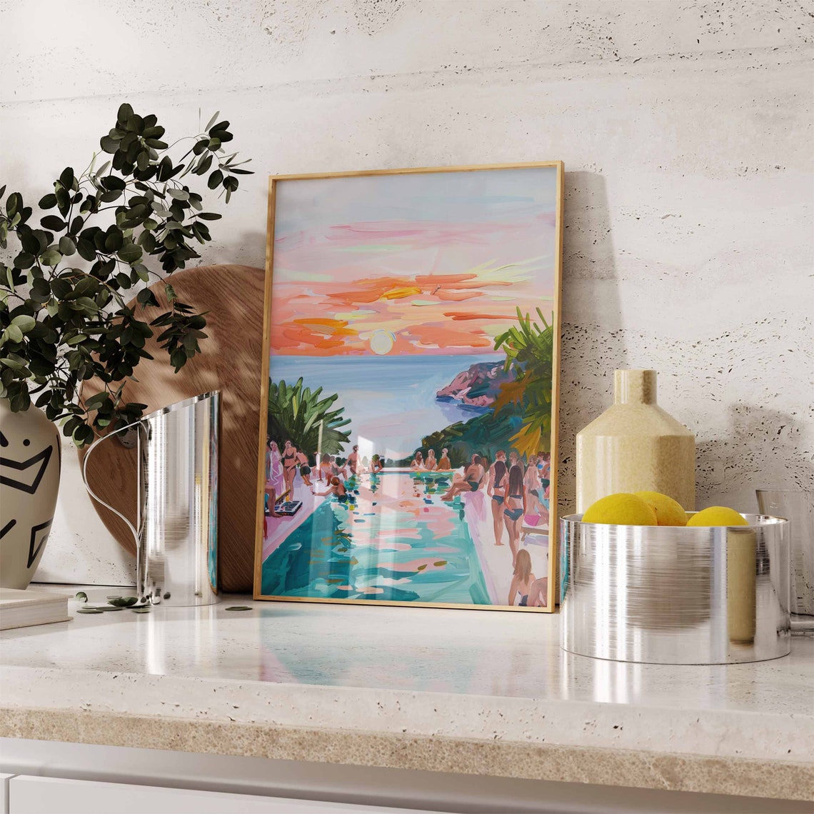 Pink Sunset Pool Party Crowd Infinity Pool Sea View Art Poster - Image 2