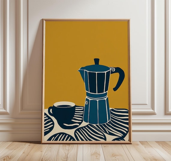 Navy Moka Pot Espresso Pop Art Poster Bold Mustard Kitchen Decor