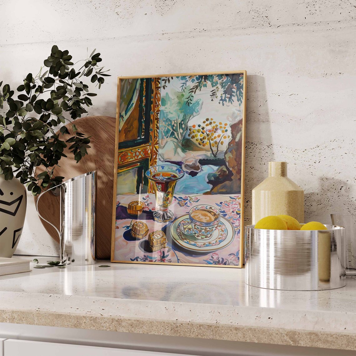 Painted Tea Glass Sweet Buns Riverside Hills View Still Life Poster - Image 2