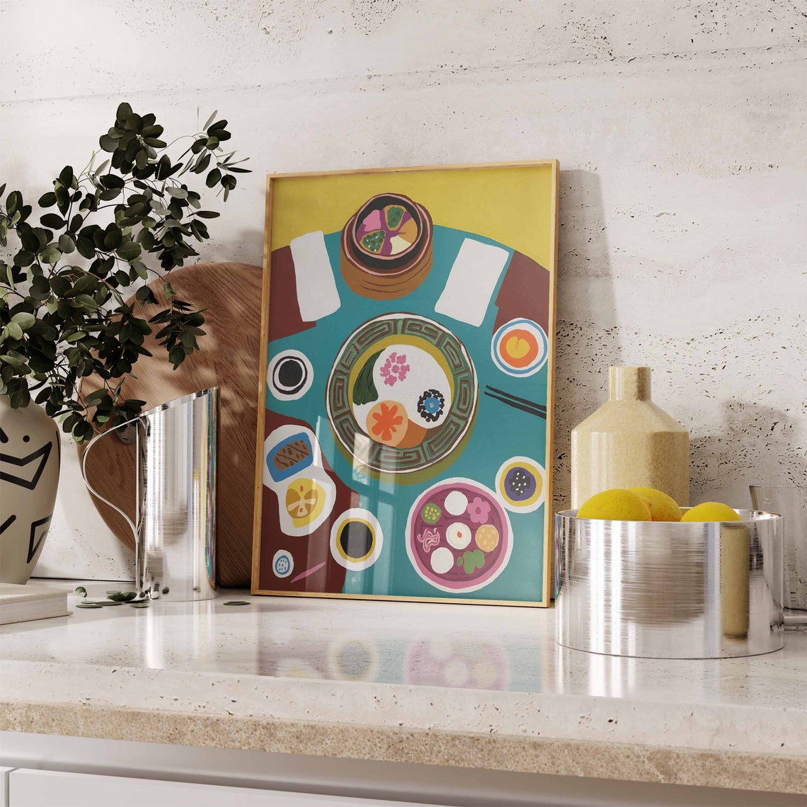 Dim Sum Table Abstract Flat Lay Steamer Dumpling Modern Poster - Image 2