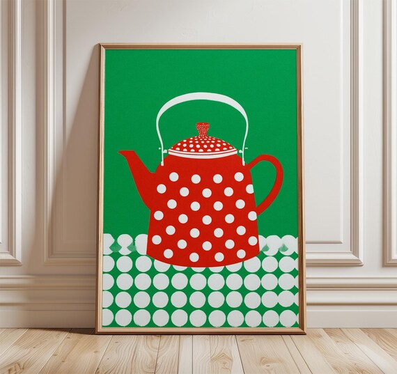 Red Polka Dot Teapot Pop Art Poster on Bold Green Background