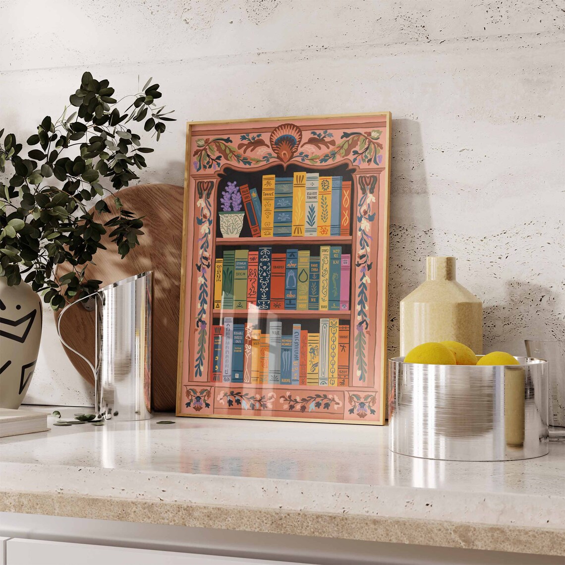 Ornate Peach Bookshelf Vintage Library Floral Frame Art Poster - Image 2