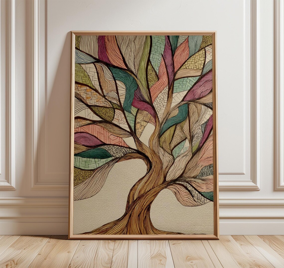 Colorful Mosaic Tree Of Life Print With Stained Glass Branches And Roots