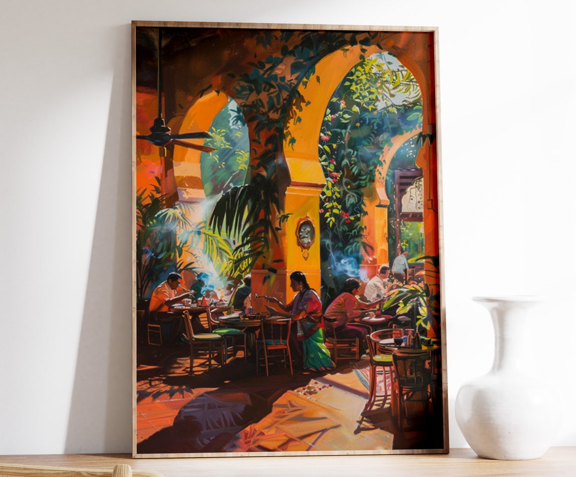 Sunlit Mediterranean Courtyard Restaurant Diners Painting Poster