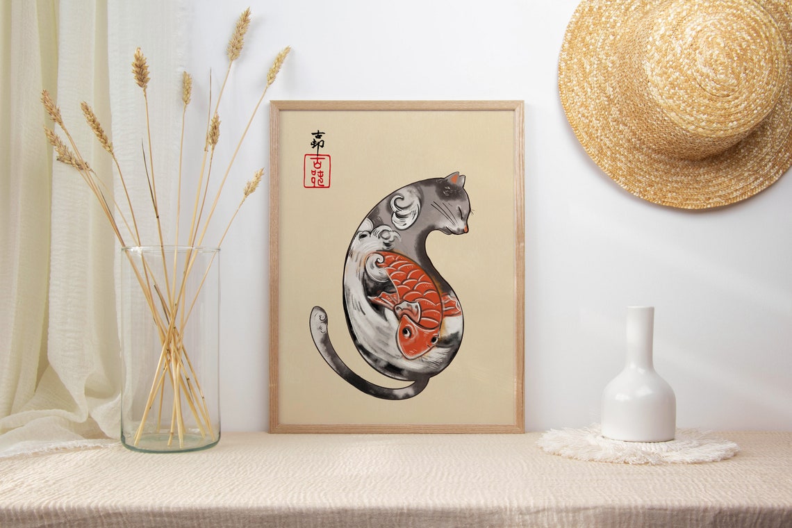 Japanese Ink Wash Cat With Red Koi Fish Traditional Art Poster - Image 2