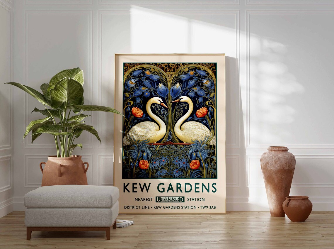 Kew Gardens Swans William Morris Style Underground Art Poster - Image 3