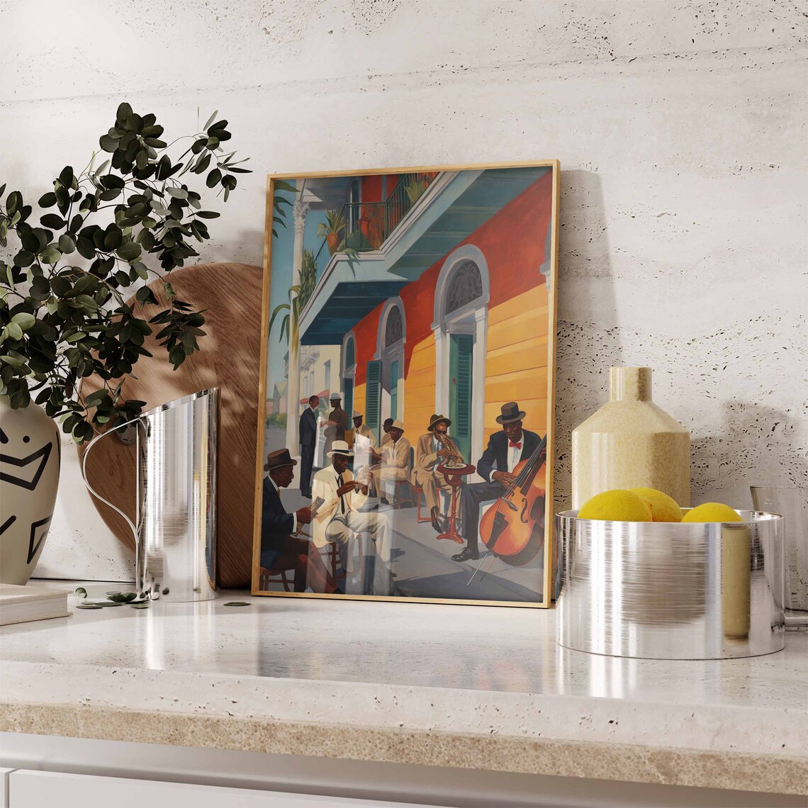 Jazz Musicians Street Cafe Art Print Trumpet Bass Band Decor - Image 2