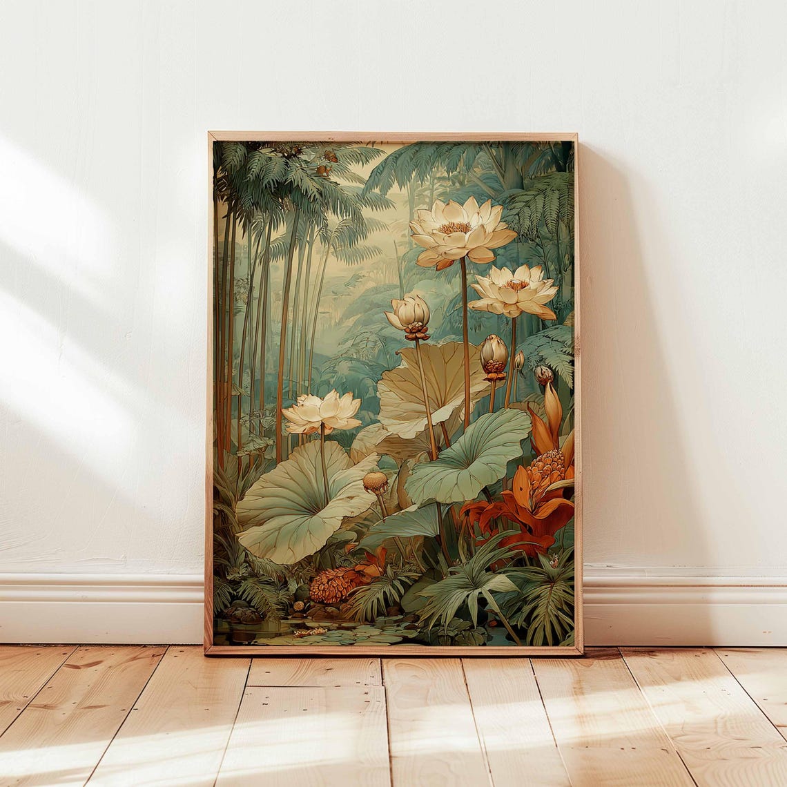 Vintage Botanical Jungle White Lotus Flowers Tropical Wall Art