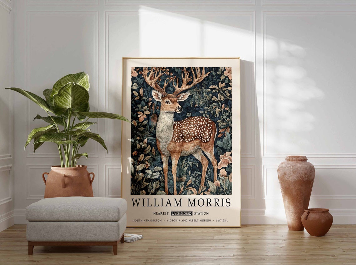 William Morris Spotted Deer in Dark Leafy Foliage Illustration Poster - Image 3