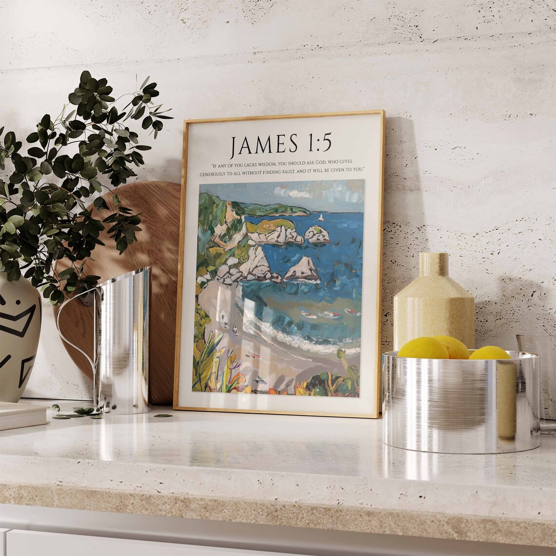 James 1:5 Bible Verse Rocky Coastal Cove Wisdom Seascape Art Print - Image 3
