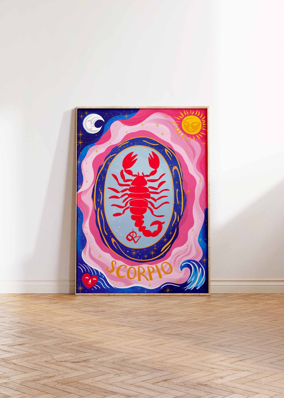 Scorpio Zodiac Scorpion Gold Letters Pink Blue Wave Art Poster - Image 2