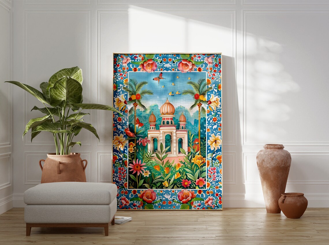 Indian Temple Garden Floral Art Print Domed Palace Pavilion Decor - Image 3