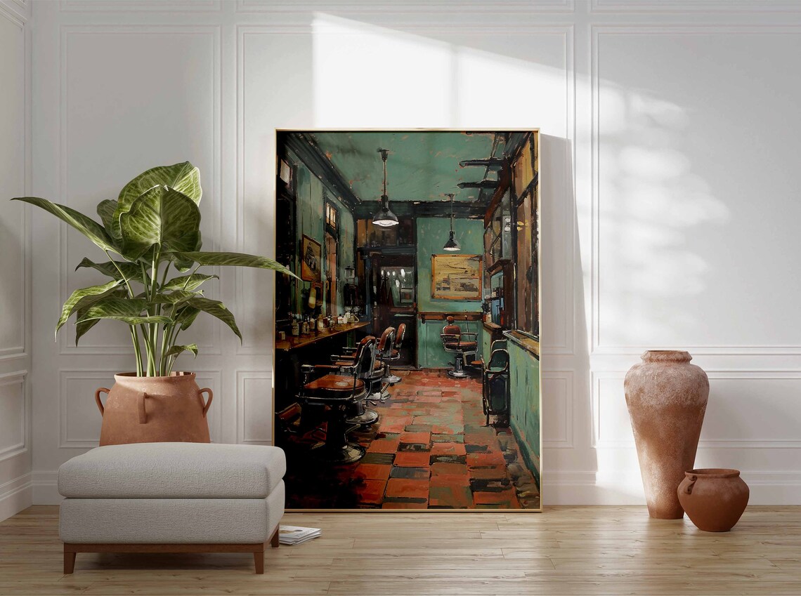 Vintage Barbershop Print Retro Barber Shop Interior Painting Wall - Image 3