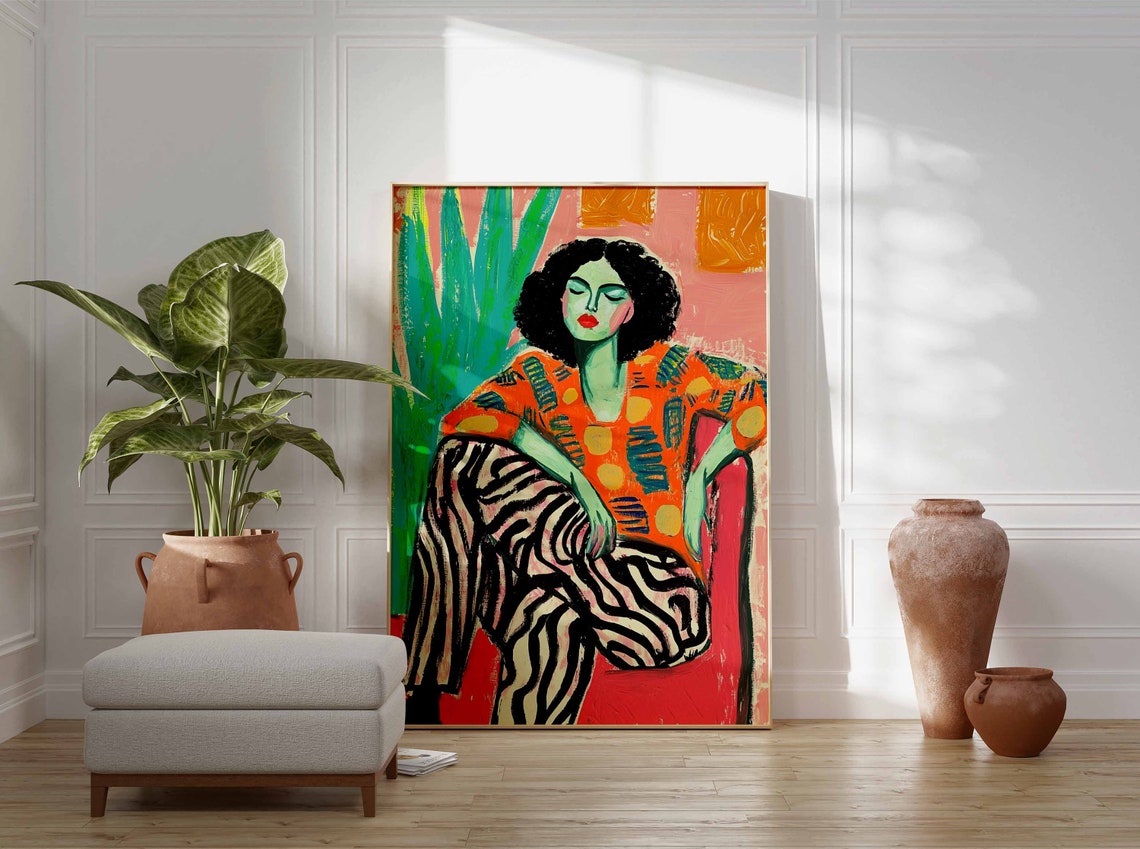 Curly Haired Woman Orange Spotted Top Zebra Pants Art Poster - Image 2