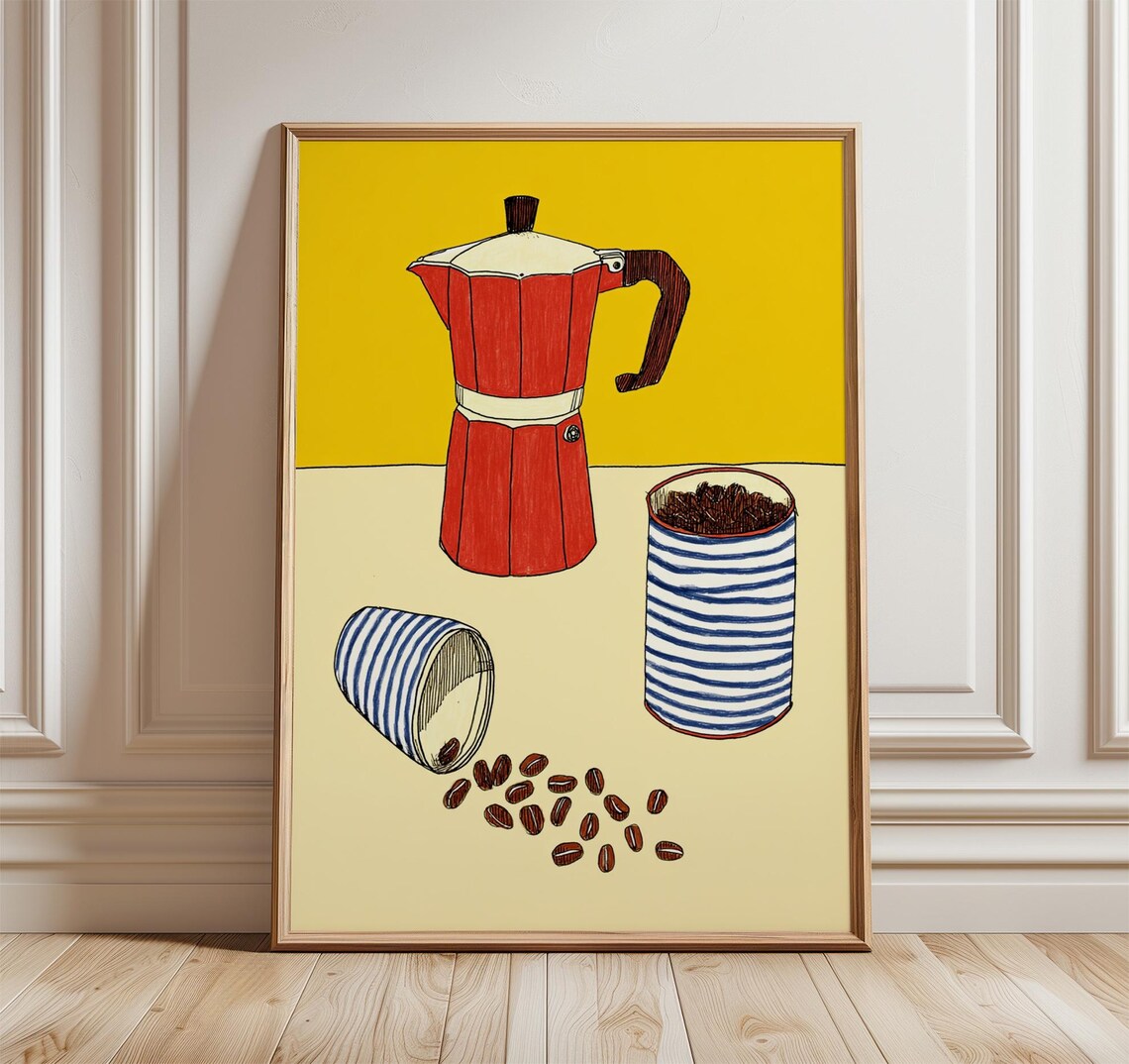 Red Moka Pot Coffee Print, Modern Minimalist Kitchen