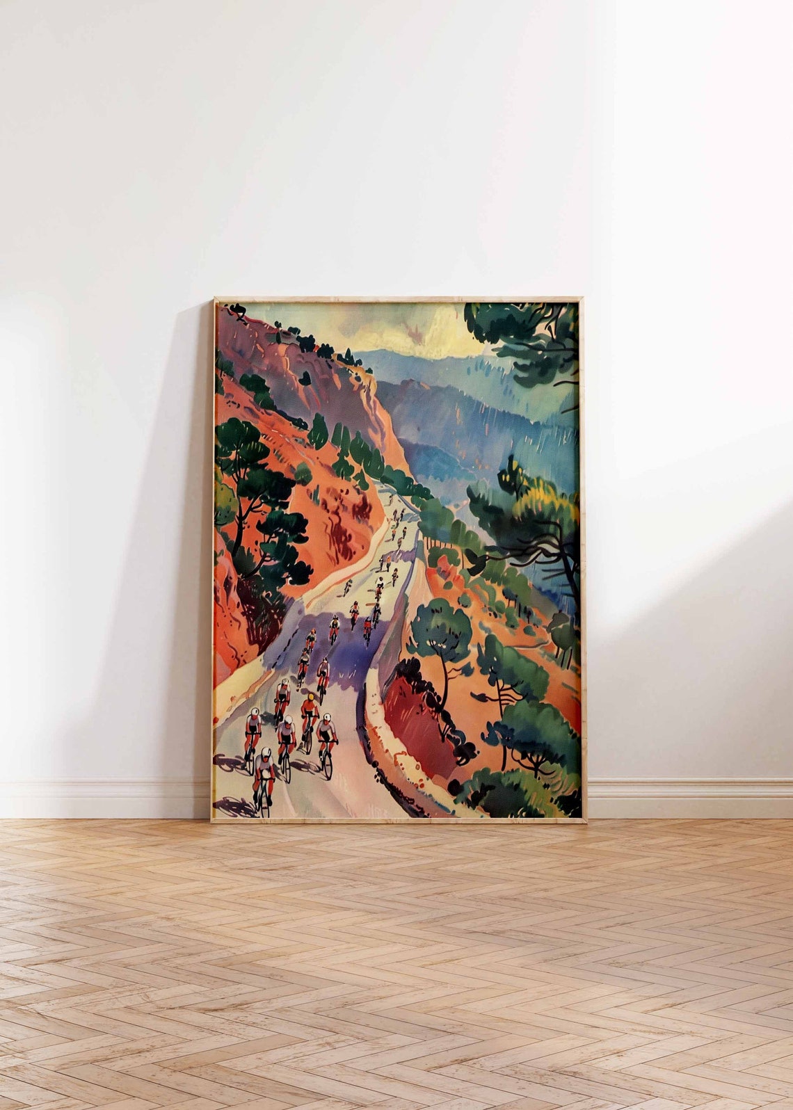 Cycling Peloton Climbing Pine Lined Orange Cliff Road Art Poster - Image 2
